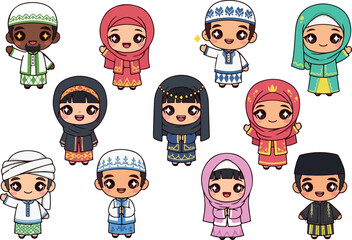 Diverse Cartoon Muslim People in Traditional Dress Illustration