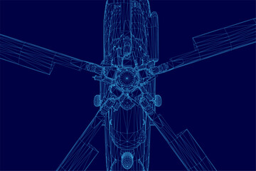 Fototapeta premium Detailed 3D wireframe model of a helicopter from a top view, isolated on a solid blue background, showcasing its complex mechanical structure and rotor design.