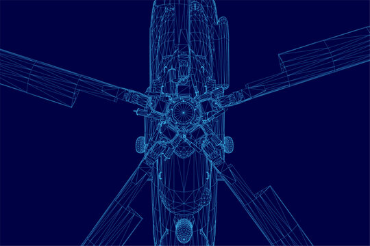 Fototapeta Detailed 3D wireframe model of a helicopter from a top view, isolated on a solid blue background, showcasing its complex mechanical structure and rotor design.