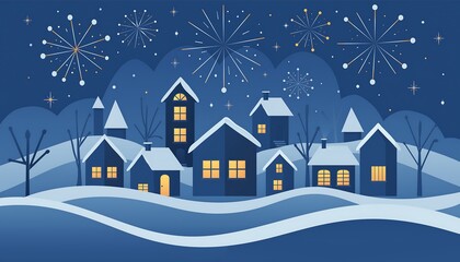 Winter Village Scene with Snowfall and Night Sky Fireworks Celebration