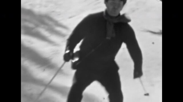 Man practicing cross country skiing in snowy winter landscape. Sport on sunny cold mountain forest. Skier enjoying active recreation in snowy vacation. Old film. Archival retro 1960s. Vintage archive