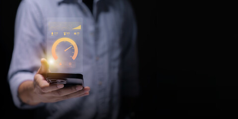 Super Fast internet connection speedtest bandwidth network technology, Man using Internet high speed by smartphone and laptop computer, 5G quality, speed optimization. performance, speed, test.