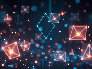 Neon Geometric Shapes Network Connection Digital Art Background with Glowing Lines and Dots in Dark Space