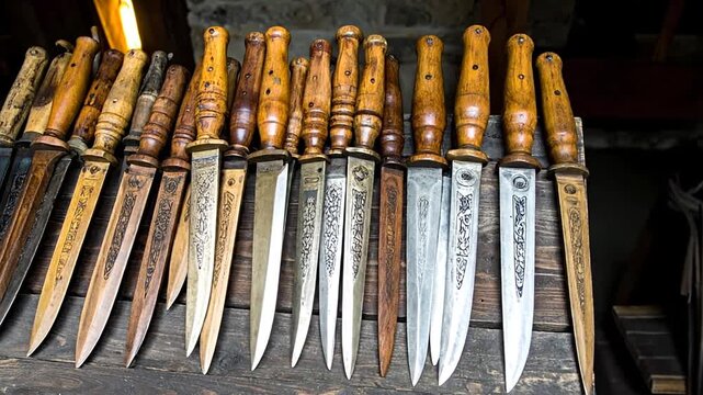 A display of medieval style daggers with wooden handles, arranged on a weathered wooden surface