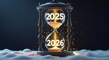 Elegant hourglass featuring glowing 2025 and 2026 numbers with golden sand falling set against a dark background with sparkling bokeh and soft snow