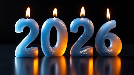 Four illuminated blue candles shaped as digits forming the year 2026, their warm orange flames flickering against a stark black background