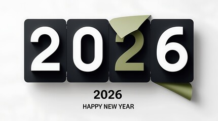 2026 happy new year on a black and white flip clock display with a green page turning, symbolizing transition and new beginnings on a clean background