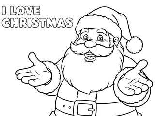 A black and white illustration of Santa Claus with his arms open wide, with the text 