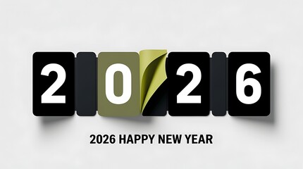 2026 happy new year on a black and white flip clock display with a green page turning, symbolizing transition and new beginnings on a clean background