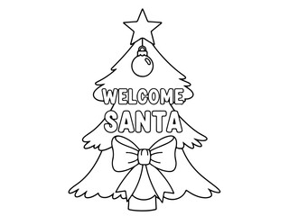 A black and white line drawing of a Christmas tree decorated with a star, ornament, and a large bow, featuring the words 