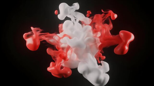 Abstract red and white blobs against a black background.