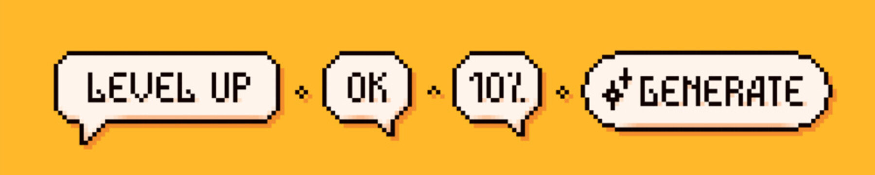 Pixel art 3 speech bubbles: level up, ok, 10 percent and generate words on yellow background.