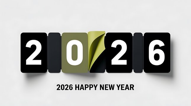 2026 happy new year on a black and white flip clock display with a green page turning, symbolizing transition and new beginnings on a clean background - Powered by Adobe