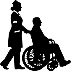 Nurse pushing patient in wheelchair with transparent background