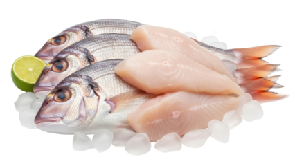 Isolated fresh gilthead sea bream with fillets and lemon on crushed ice ready for cooking