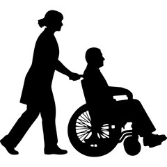 Caregiver assisting patient in wheelchair with transparent background