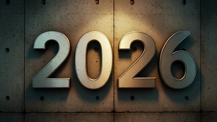 Shiny metal 2026 numbers on concrete wall with spotlight