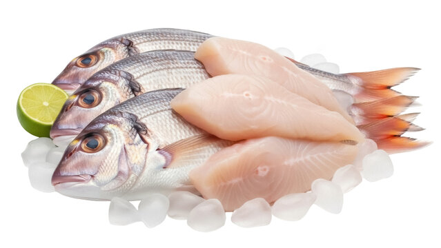 Isolated fresh gilthead sea bream with fillets and lemon on crushed ice ready for cooking