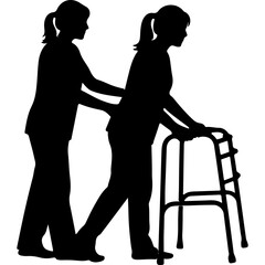 Woman assisting elderly lady with walker with transparent background