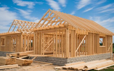 A residential home is in the early stages of construction, featuring a complex skeleton of wooden beams and framing.