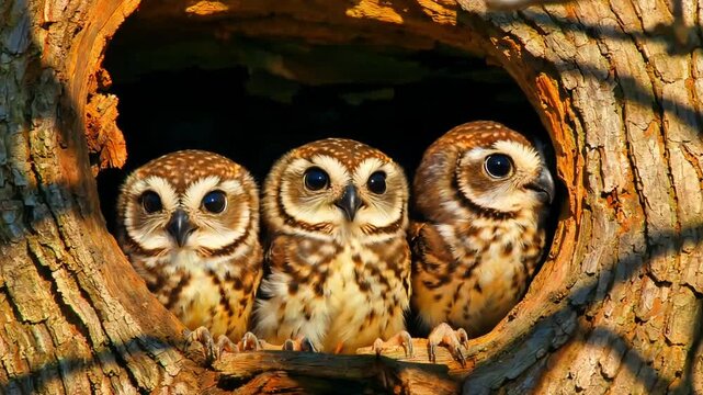 Three adorable spotted owlets peer curiously from the dark hollow of a sunlit tree trunk looking for their next meal