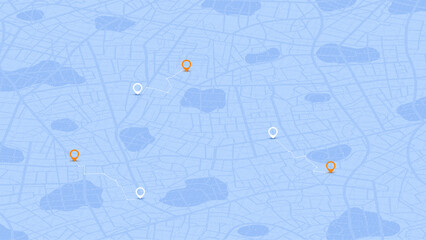 Isometric city map background with navigation pins and route path. Urban town plan with street network and gps markers. Blue scheme layout. Vector illustration.