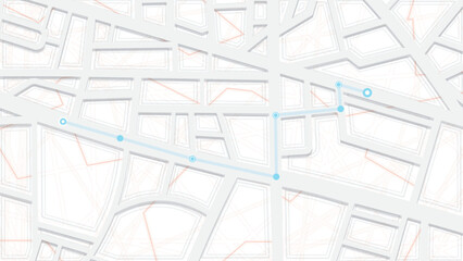 Public transport route. White 3D layered street plan with road network and bus or subway line stops. Minimalist navigation. Vector illustration.