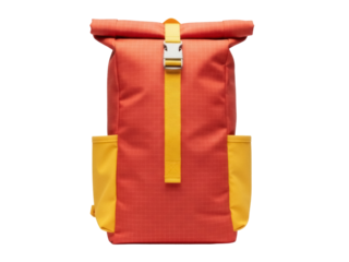 Isolated bright red roll top backpack with yellow pockets and nylon strap against blank canvas