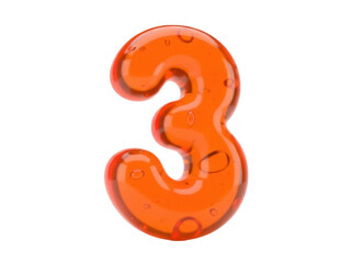 Isolated orange jelly figure number 3, liquid glass typeface font rendering, glossy surface