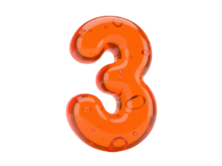 Isolated orange jelly figure number 3, liquid glass typeface font rendering, glossy surface