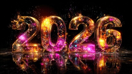 Sparkling numeral representation for the year two thousand twenty six glows dramatically against a dark background