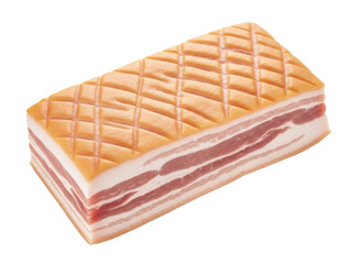 Isolated slab of cured pork belly, pancetta or bacon, with crosshatch pattern at top layer
