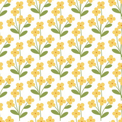 Cheerful seamless pattern of yellow four petal flowers with green leaves on white, perfect for textiles, wallpaper, or gift wrap. Graphic illustration on white background.