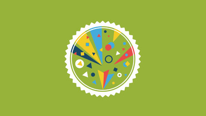 A vibrant abstract geometric explosion design in a circular emblem on a green background.