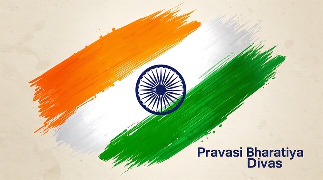 Pravasi Bharatiya Divas patriotic background with Indian tricolor brush strokes and Ashoka Chakra design