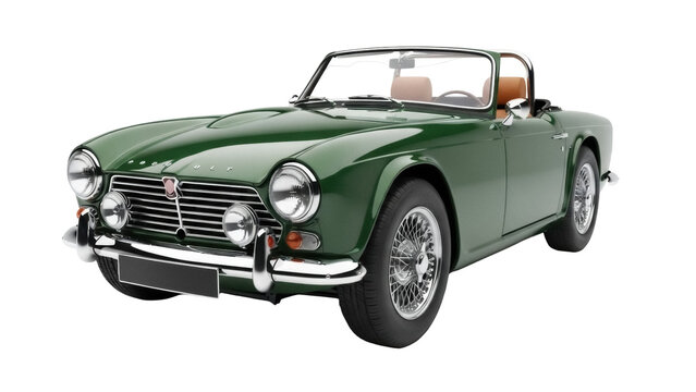 Isolated Triumph TR6 Roadster car in British Racing Green with tan interior on display