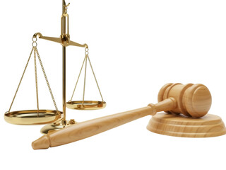 Isolated golden scales of justice and wooden gavel symbol of law, judgment concept