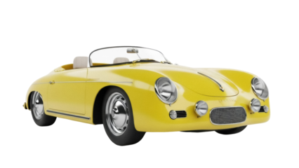 Isolated yellow convertible vintage sports car, classic 1950s open-top roadster vehicle