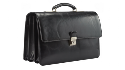 Classic black leather briefcase with silver hardware isolated on a transparent background