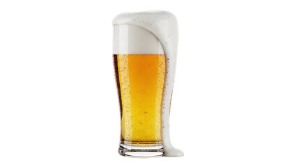Isolated glass of overflowing beer with foam, amber liquid, refreshing beverage