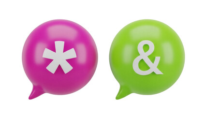 Isolated pink asterisk and green ampersand speech bubbles show modern symbol conversation
