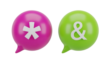 Isolated pink asterisk and green ampersand speech bubbles show modern symbol conversation