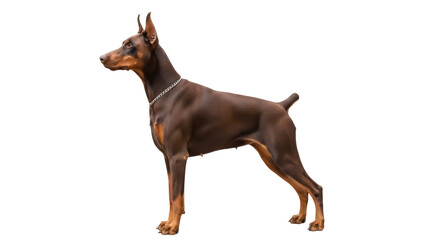 Isolated Brown Doberman Pinscher standing in profile side view in studio shot for commercial use