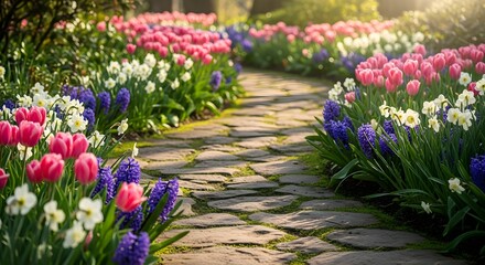 Fototapeta premium Idyllic garden path surrounded by vibrant pink tulips, purple hyacinths, and white daffodils for a new blooms concept and natural spring beauty