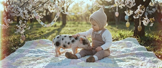Child sits on blanket with piglet in garden during springtime