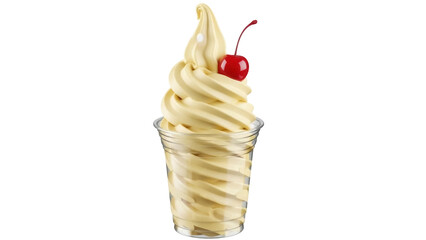 Isolated vanilla soft serve in plastic cup with cherry, refreshing summer dessert idea