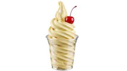 Isolated vanilla soft serve in plastic cup with cherry, refreshing summer dessert idea