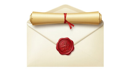 Isolated invitation with document, royal wax seal with lion motif on elegant envelope design