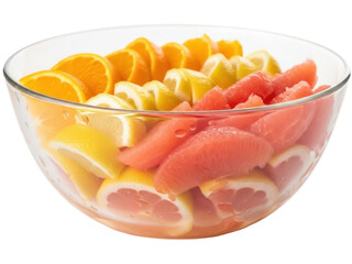 Isolated bowl of citrus fruit salad, oranges, lemons, and pink grapefruit, refreshment