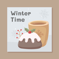 Winter Time Social Media Post with Cozy Dessert and Hot Drink Illustration